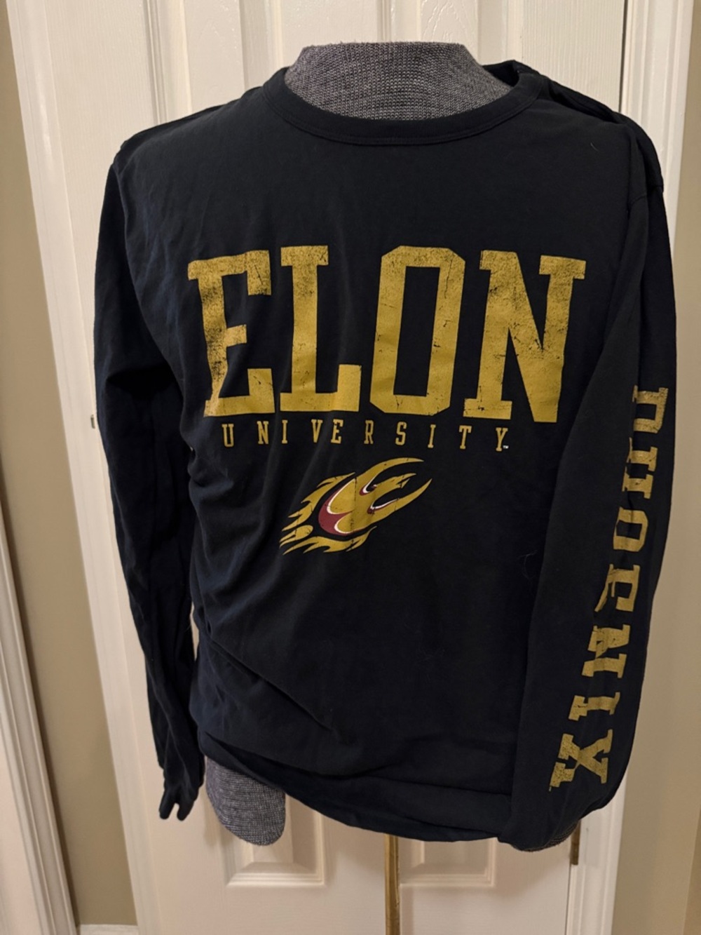 Elon University Long-Sleeve Black Crewneck Shirt with Gold Logo
